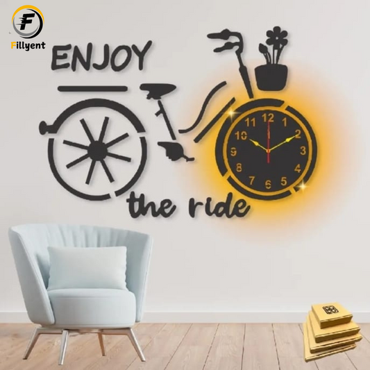 Enjoy The Ride Bicycle Style Wooden 3D Wall Clock with Light